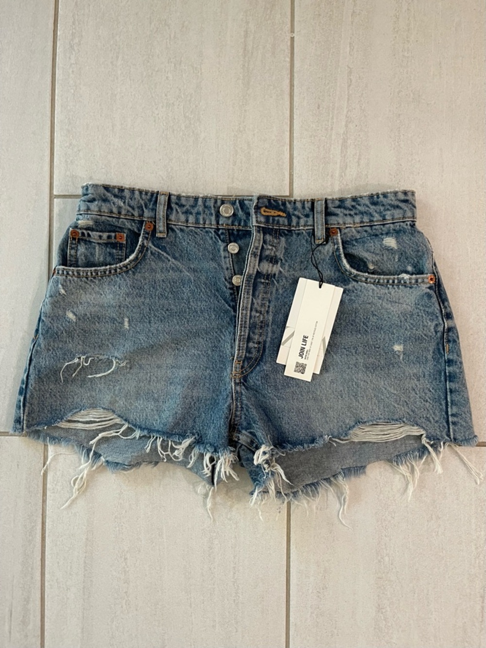 NWT Zara Distressed High-Rise Denim Shorts - Light Blue